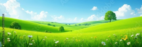 Rolling hills of vibrant green grass meadow with wildflowers and a few trees in the distance, landscape, outdoor