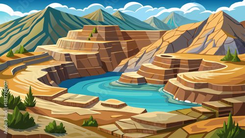 lake among layered stone plateaus, The terrain is dry and dusty with patches of gravel and low vegetation