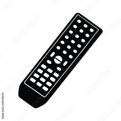 Black TV remote control isolated on white background with buttons for volume, channel, and power.