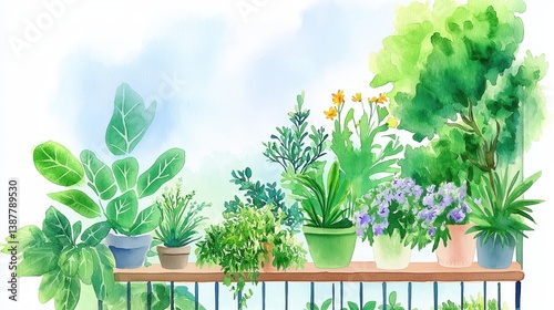Illustration of green potted plants in various containers. Great for home decor, botanical art, and gardening themes.