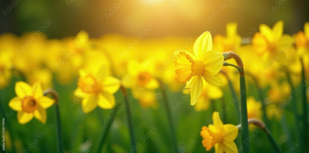 Sunlit field of bright yellow daffodil flowers in full bloom with delicate petals and green stems, outdoor, sunshine Sunlit field of bright yellow daffodil flowers in full bloom with delicate petals and green stems, outdoor, sunshine