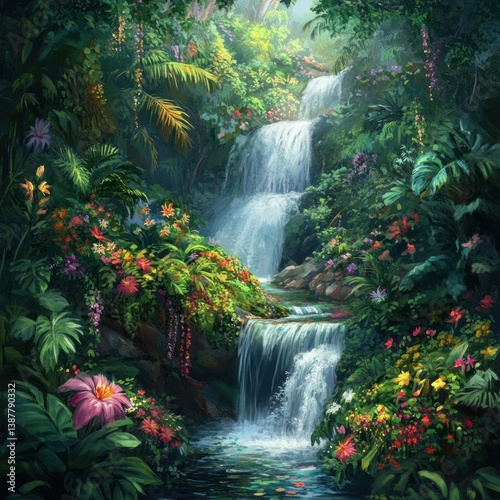 A beautiful cascading waterfall flows through a lush and vibrant jungle