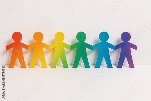 Colorful paper chain dolls holding hands against a white background  