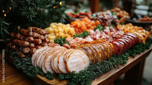 A decorated wooden platter presenting various meats and sides for a feast
