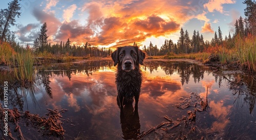 A black dog stands in the water at sunset
