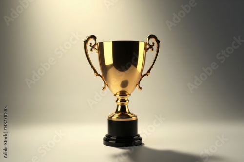 Obraz na płótnie Golden trophy cup standing on a smooth surface with dramatic lighting and elegant shadows against a neutral gradient background. Ai generative. w salonie