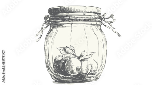 Sketch of a glass jar filled with fruits, artistic illustration showcasing storage and freshness concept