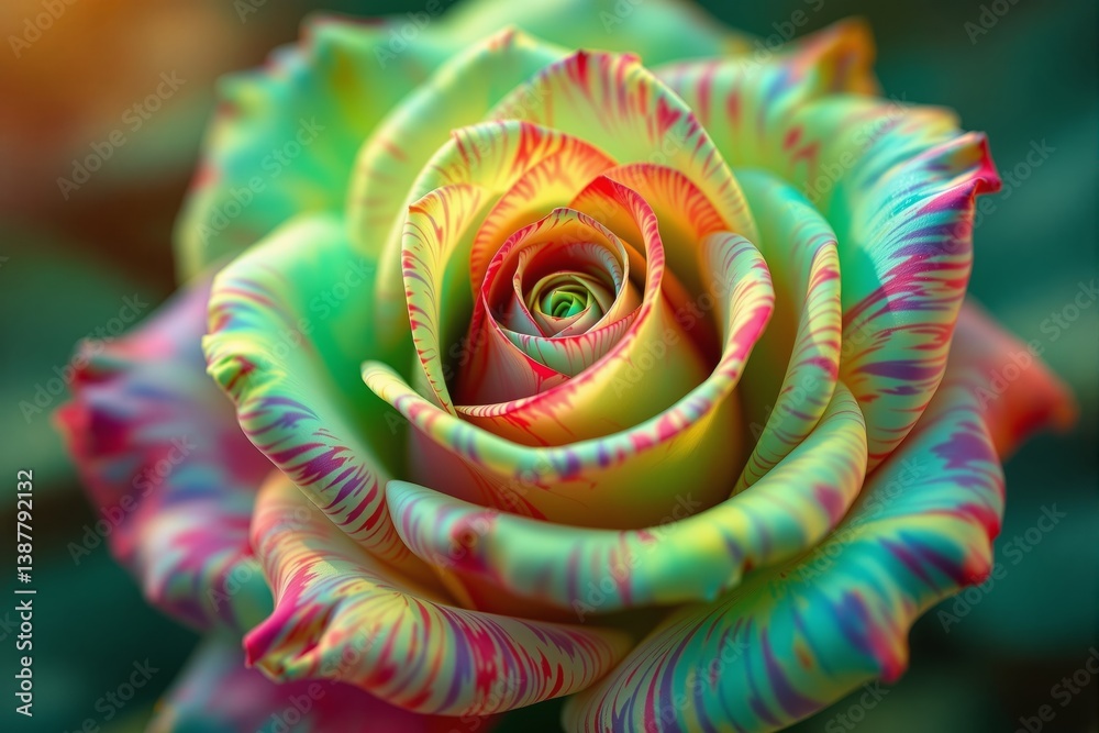 Close-up of a vibrant multicolored rose with striped petals in surreal style on a soft green background, symbolizing beauty and nature concept.