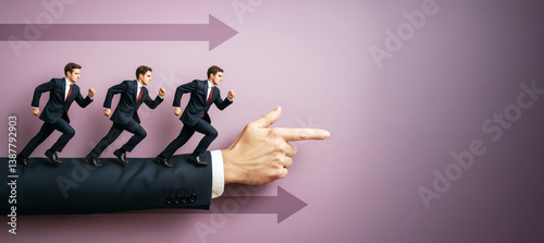 Obraz na płótnie Businessmen running on a pointing hand symbolizing leadership and direction on a light purple background with creative concept of guidance. w salonie