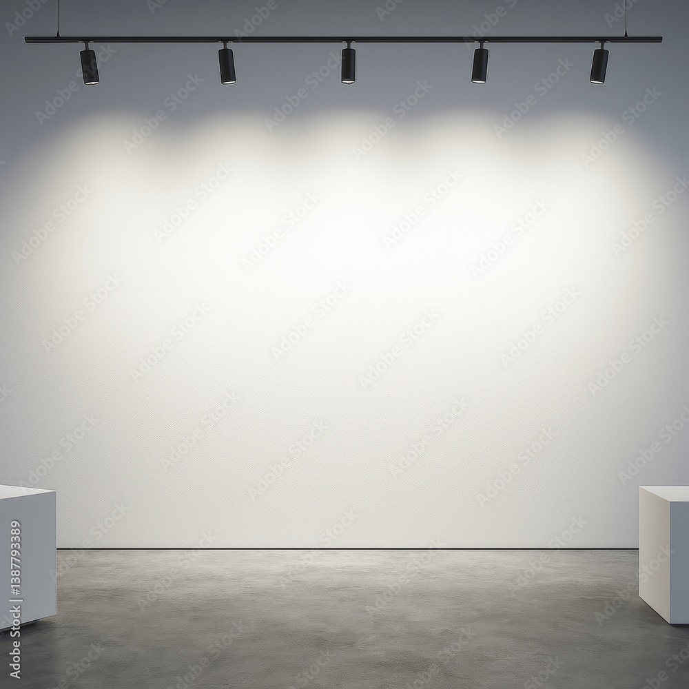 Blank interior wall mockup with spotlights and empty pedestals in modern gallery setting for design presentation or branding display concept.