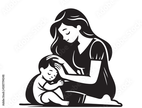 Mother hugs and protect her child. Happy Mother's day. Black flat Vector illustration