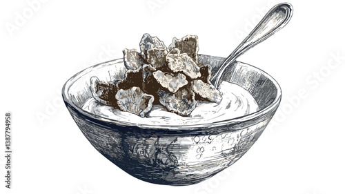 Sketch of a bowl of yogurt with cereal, artistic illustration showcasing healthy breakfast ideas and nutrition
