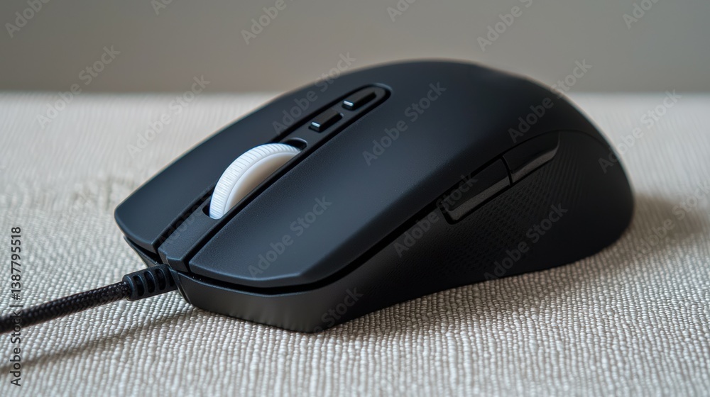 A mouse on a textured fabric surface, ergonomic design emphasis A mouse on a textured fabric surface, ergonomic design emphasis