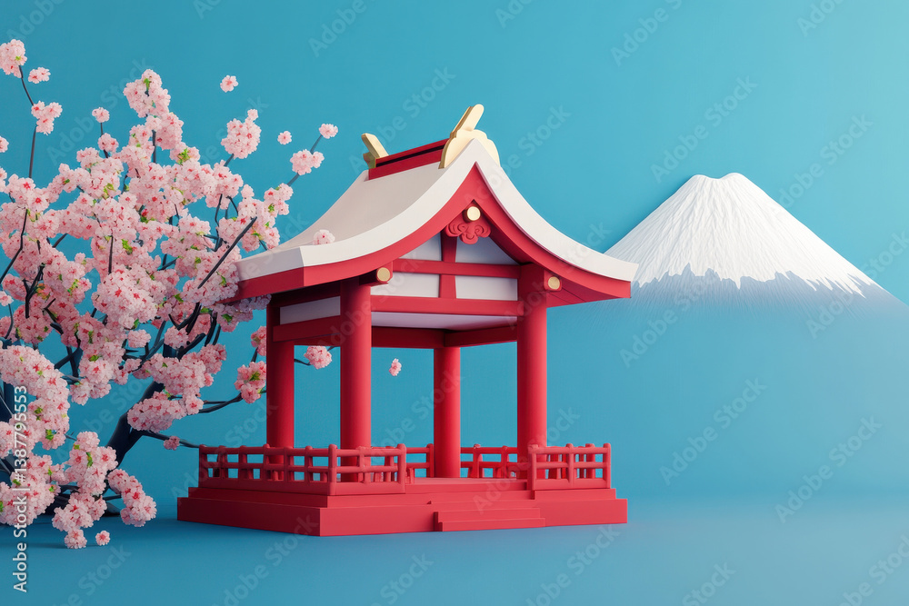 Fototapeta premium vibrant 3D rendering of traditional Japanese shrine surrounded by cherry blossoms and distant mountain, evoking serene and picturesque atmosphere