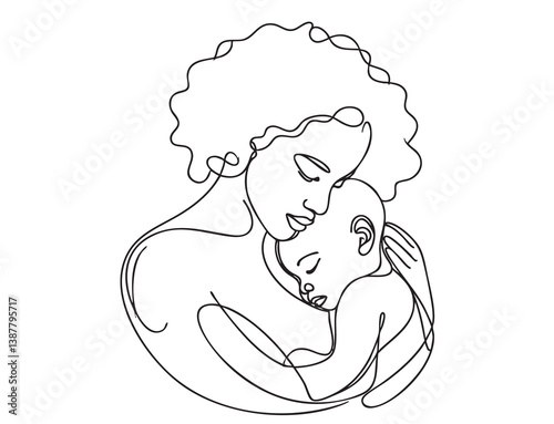 Abstract mother with a child in continuous one line drawing art style. Mother Day card. Woman hugging her baby