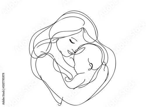Abstract mother with a child in continuous one line drawing art style. Mother Day card. Woman hugging her baby