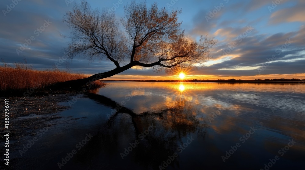 Tranquil sunset over a serene lake, with a lone tree reflecting in the water