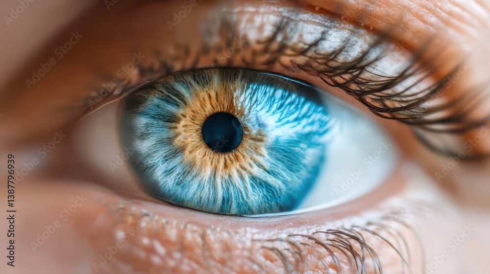 Fototapeta premium Glaucoma eye disease surgery concept. A close-up of a striking human eye displaying vibrant blue and brown hues, showcasing intricate details of the iris and eyelashes.