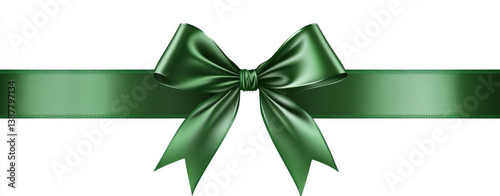 green ribbon with bow is elegantly displayed against white background, symbolizing celebration and gift giving. This vibrant accessory adds touch of charm to any occasion
