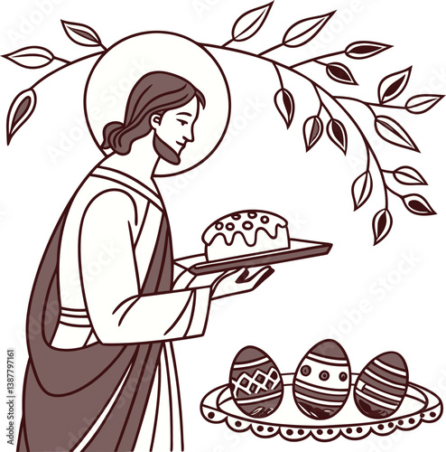 Jesus Holding Easter Cake with Decorated Eggs – Religious Easter Illustration