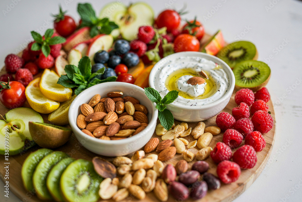 Colorful Fruit And Nut Platter With Yogurt Dip And Fresh Mint Colorful Fruit And Nut Platter With Yogurt Dip And Fresh Mint