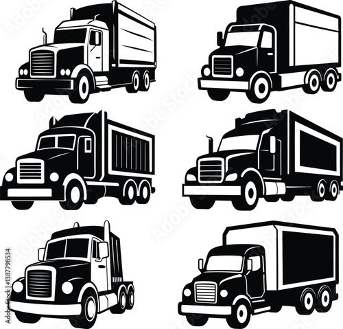Set of truck icons and vector illustrations featuring various types of trucks lorries and vehicles for transportation delivery and construction