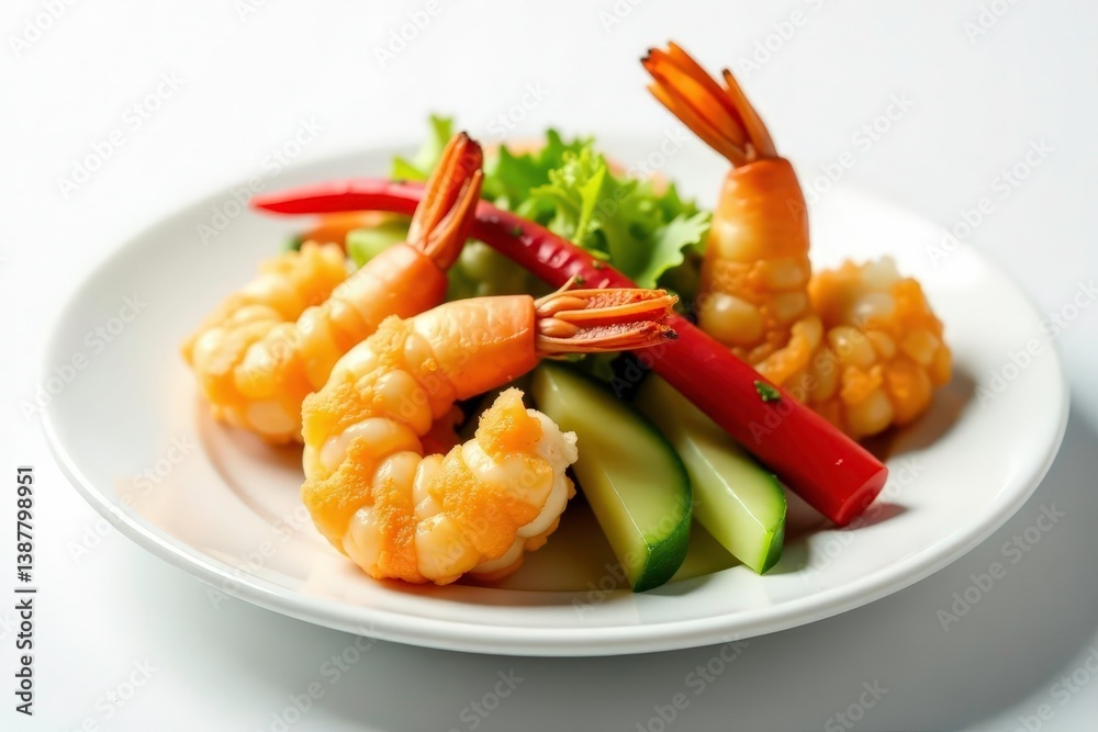Tempura shrimp and vegetables on white, minimalist background, japanese, simple