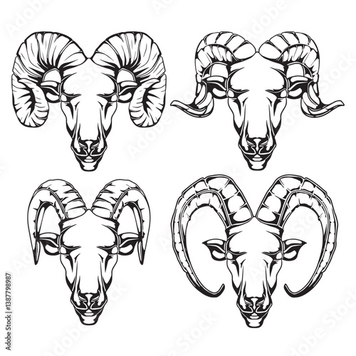 Collection mountain goat head mascot icon with aggressive expression vector illustration	