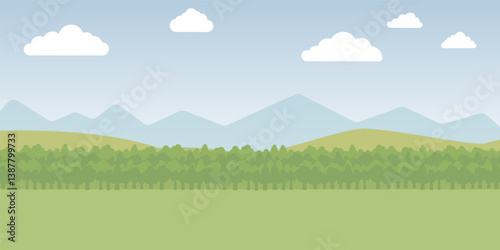 A pixel art landscape with mountains and trees in foreground