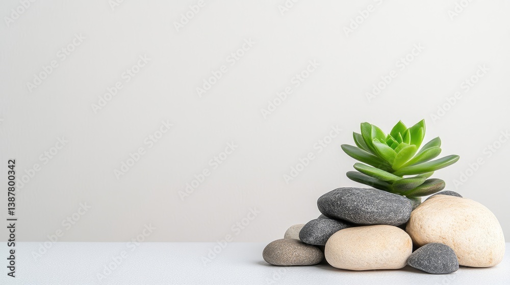 A small succulent plant sits atop a pile of smooth stones. The stones are various shades of gray and beige. The image is well-lit, high-resolution, and features a minimalist style. Soft, neutral co A small succulent plant sits atop a pile of smooth stones. The stones are various shades of gray and beige. The image is well-lit, high-resolution, and features a minimalist style. Soft, neutral co