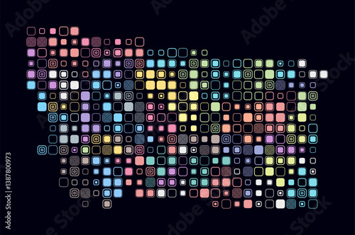 Montana, shape of the state built of colored cells. Digital style map of Montana on a dark background. Large size rounded square blocks. Amazing vector illustration.