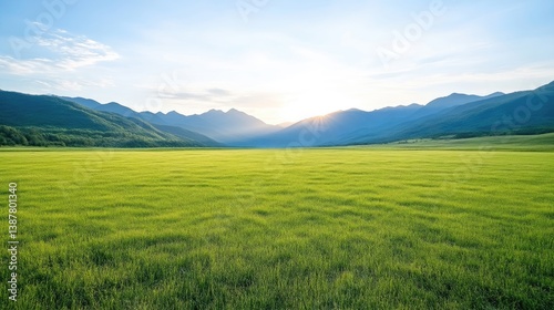 Vast Grassland Meadow Distant Mountains Serene Landscape High-resolution Bright Lighting Wide Angle Shot Lush Green Texture Tranquil Nature Setting Sunny Bright Tones Ideal for Travel Brochures