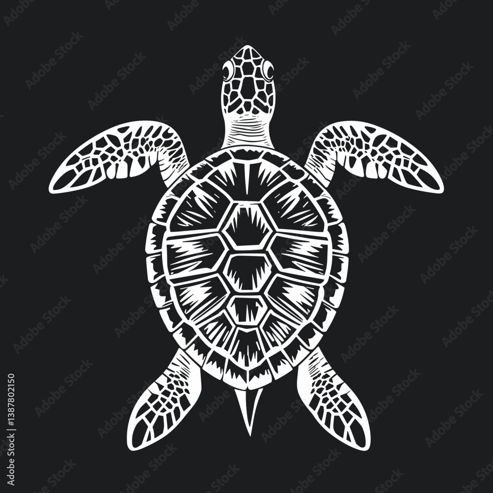 Fototapeta premium Sea turtle on a dark background symbolizes wisdom and calmness in a detailed black and white illustration with copy space. Earth Day and Nature Protection concept