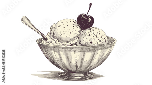 Sketch of a bowl of ice cream with cherry, artistic illustration highlighting delicious desserts and sweet treats