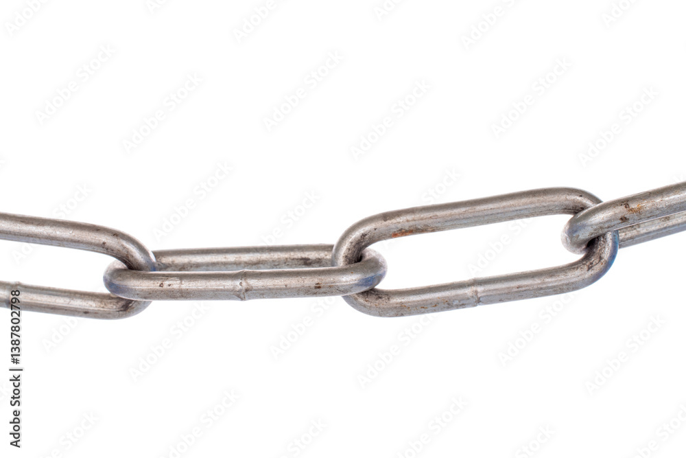 A piece of metal chain isolated on a white background, close-up. A piece of metal chain isolated on a white background, close-up.