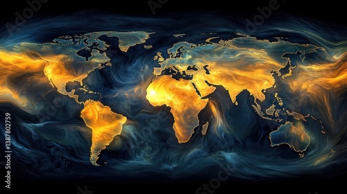 A world map, its continents painted in vibrant hues of blue and green, emerges from a swirling vortex of generative AI, hinting at the boundless possibilities of the digital realm. 