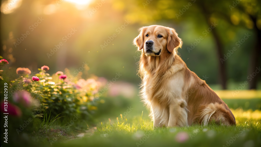 Obraz premium Golden retriever resting in a blooming garden during sunset hours