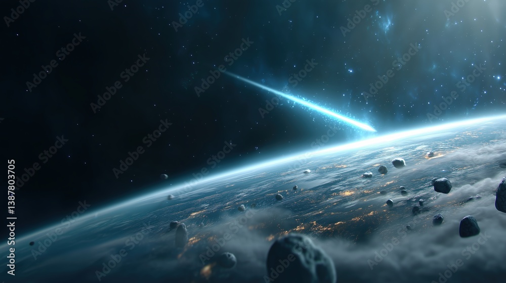 Naklejka premium Astounding Meteor Fireball Soaring Through Earth Atmosphere and Radiant Cosmic Trail