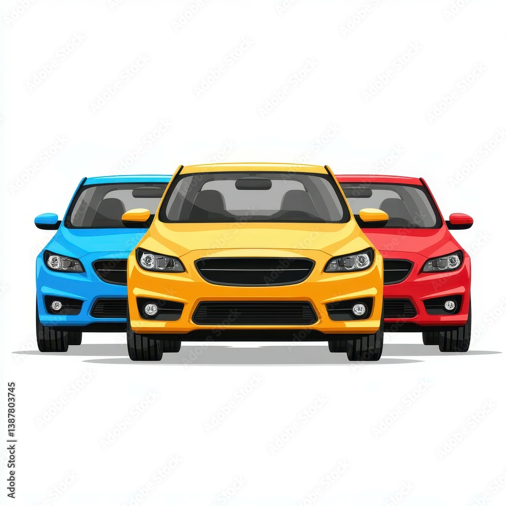 Trio of colorful cars parked in a row showcasing vibrant designs and styles during a sunny day Trio of colorful cars parked in a row showcasing vibrant designs and styles during a sunny day