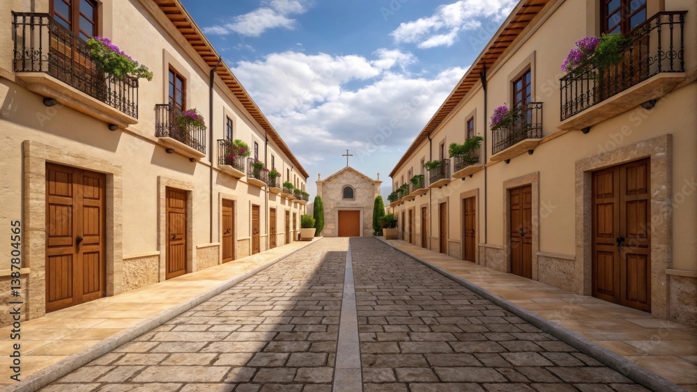 Charming street lined with quaint buildings and vibrant flowers under a blue sky. Charming street lined with quaint buildings and vibrant flowers under a blue sky.