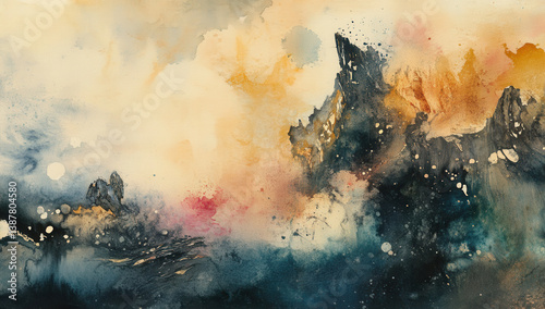 stunning abstract watercolor painting featuring blend of warm and cool colors, depicting mountainous landscape with splashes of vibrant hues and soft textures. artwork evokes sense of tranquility
