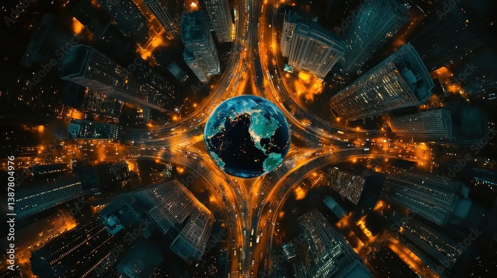 Fototapeta premium Aerial view of a city's network of roads converging on a stylized Earth globe at night.