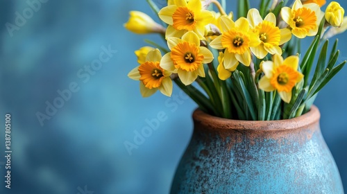 Wallpaper Mural Vibrant daffodil blossoms in rustic ceramic vase against a textured background Torontodigital.ca