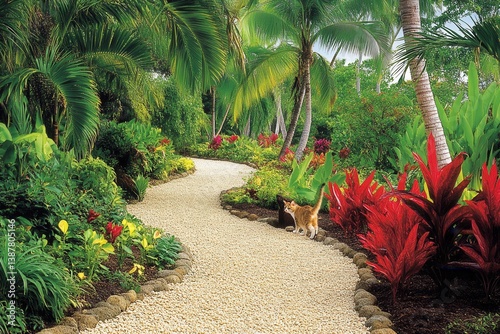 Vibrant Pathway Surrounded by Lush Tropical Plants and Nature