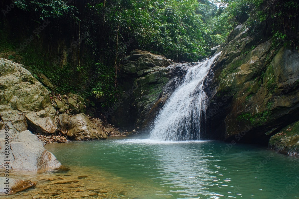 Fototapeta premium A beautiful cascading waterfall surrounded by lush green trees