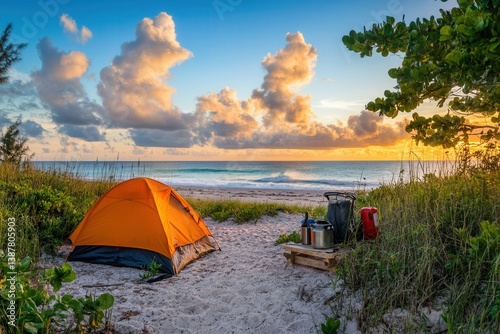 Vibrant Sunrise at a Secluded Beach Campsite with Orange Tent