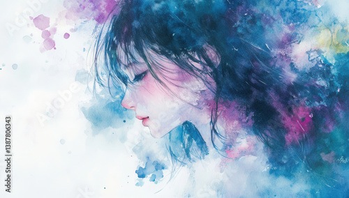 beautiful watercolor painting of woman profile, surrounded by vibrant splashes of color, evoking sense of calm and introspection. soft hues blend harmoniously, creating ethereal atmosphere