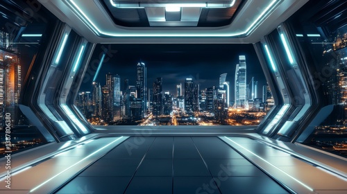 Futuristic spaceship interior with city night view.