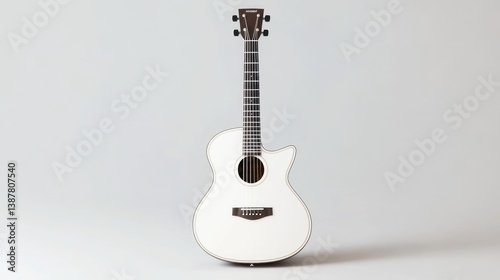 A white acoustic guitar with dark wood accents stands centrally against a plain gray background. The image is well-lit, showcasing a clean, minimalist aesthetic. The guitar is the sole focus. The ph