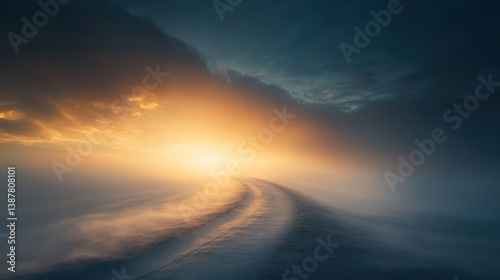 A path shrouded in swirling fog, the destination revealed only by the gradual brightening of the horizon. 4k